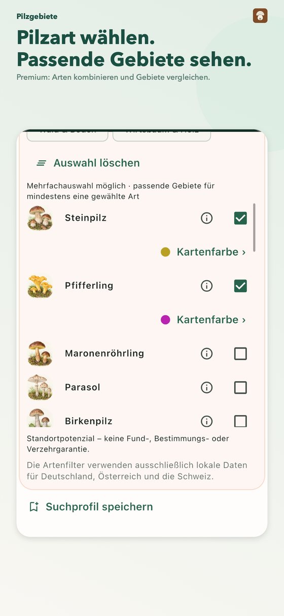 App-Ansicht des Artenfilters mit Mehrfachauswahl: Steinpilz und Pfifferling sind ausgewählt, jeweils mit eigener Kartenfarbe