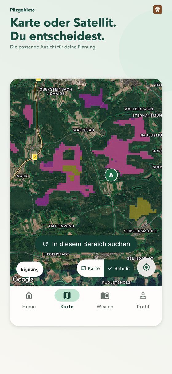 App-Karte in der Satellitenansicht mit farbig markierten Gebieten und dem Umschalter Karte/Satellit