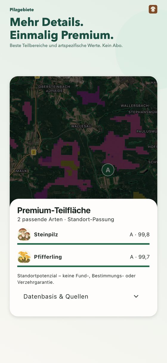 App-Ansicht einer Premium-Teilfläche auf der Satellitenkarte: zwei passende Arten, Steinpilz und Pfifferling, mit ihrer Standort-Passung