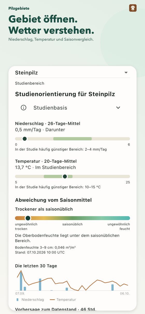 App-Ansicht der Wetterdetails eines Gebiets: Niederschlag als 26-Tage-Mittel, Temperatur als 20-Tage-Mittel, Abweichung vom Saisonmittel, Oberbodenfeuchte und Verlauf der letzten 30 Tage