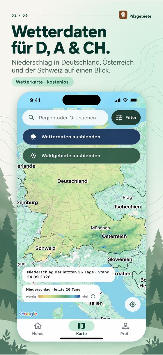 App-Ansicht der Wetterkarte: Niederschlag der letzten 26 Tage als farbige Fläche über Deutschland, Österreich und der Schweiz, Wetterdaten und Waldgebiete getrennt ausblendbar