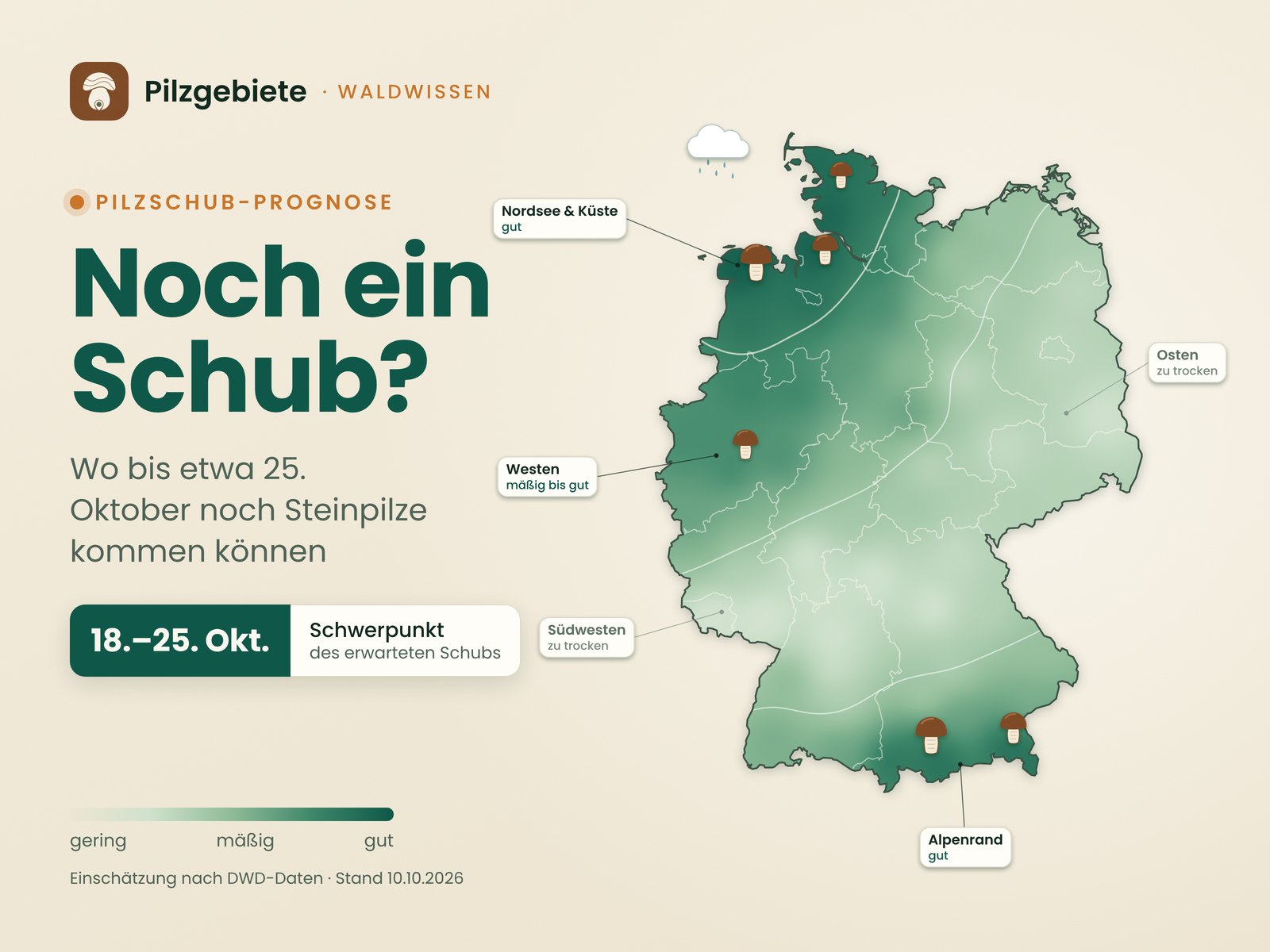 Deutschlandkarte mit der Pilzschub-Prognose für den 18. bis 25. Oktober 2026: gute Chancen an Nordsee und Küste und am Alpenrand, mäßig bis gut im Westen, zu trocken im Südwesten und im Osten
